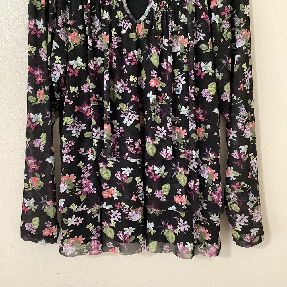 Black Whimsigoth Fairy Grunge Butterfly Print Floral Bohemian Peasant Blouse XL - Picture 3 of 8